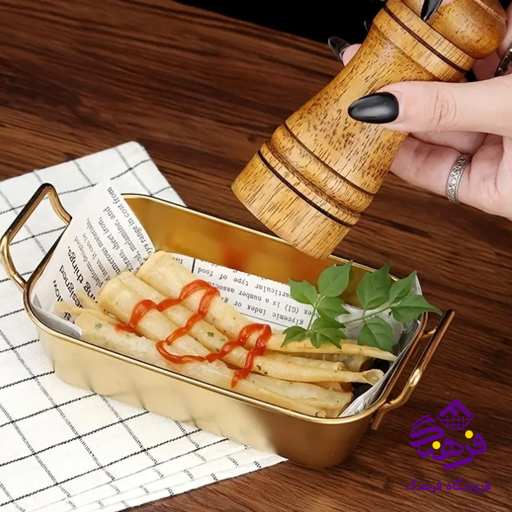 ظرف سرو دسته دار مستطيل طلايي 73