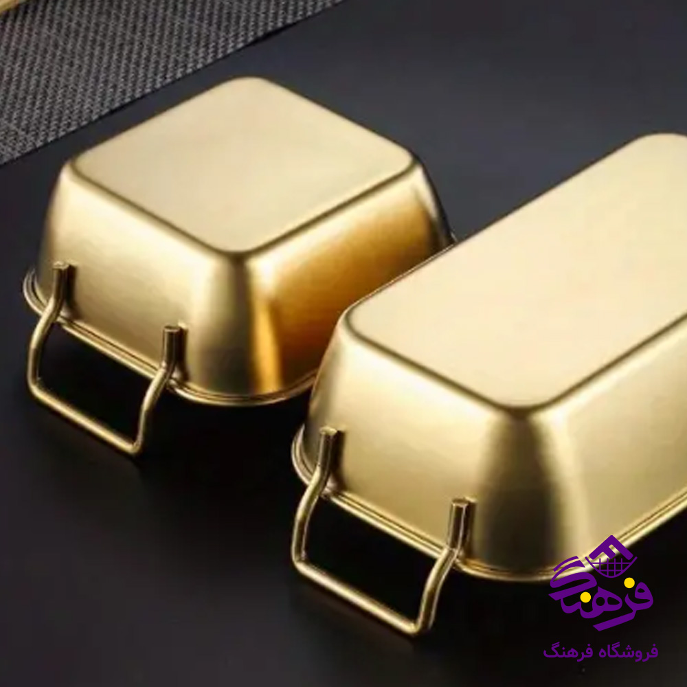 ظرف سرو دسته دار مربع طلايي 74