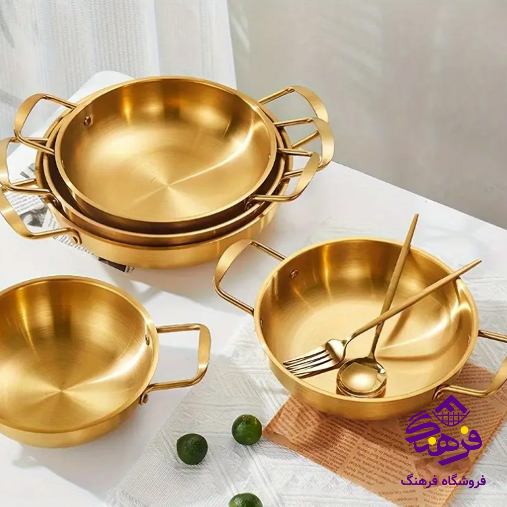 ظرف سرو دسته دار گرد طلايي 87