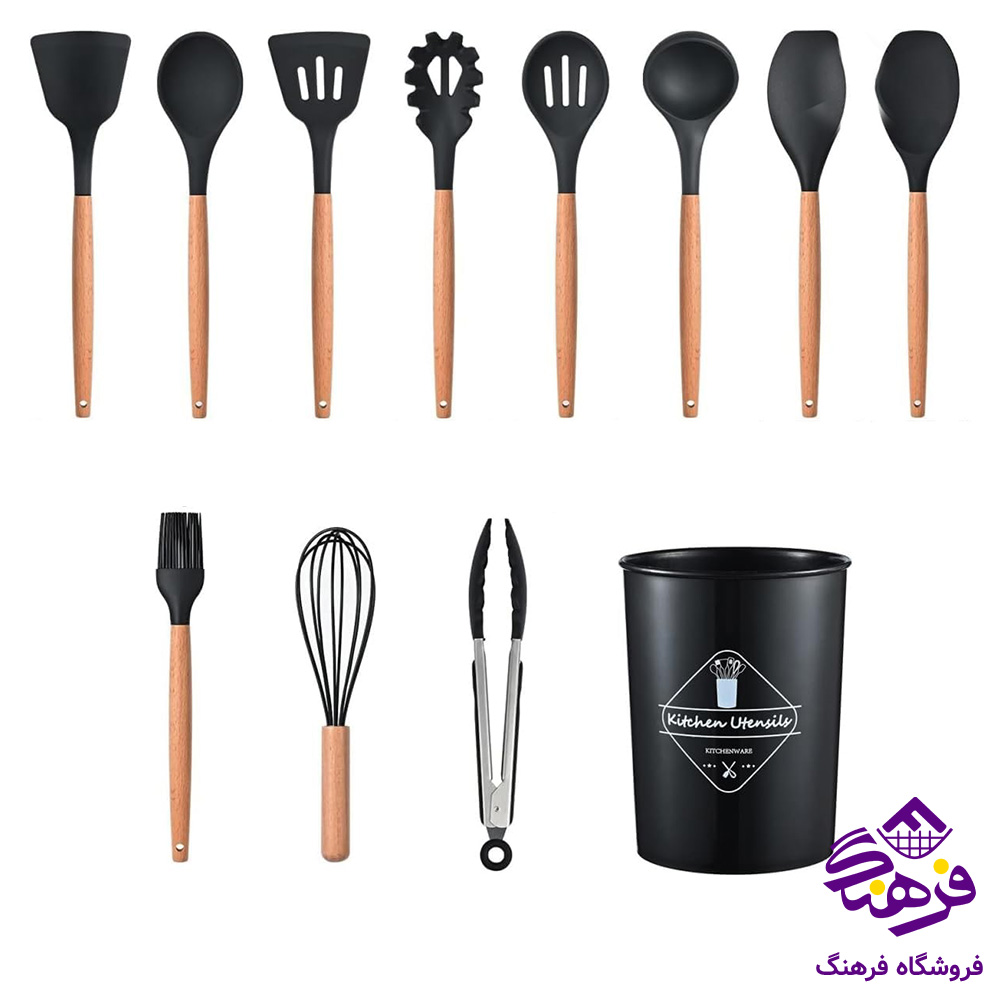 ست کفگیر ملاقه سیلیکونی دسته چوبی