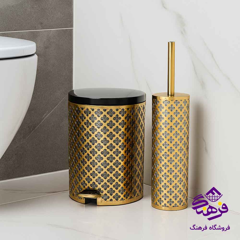 سطل و فرچه ليمون طرح گل مشکي چاپدار طلايي