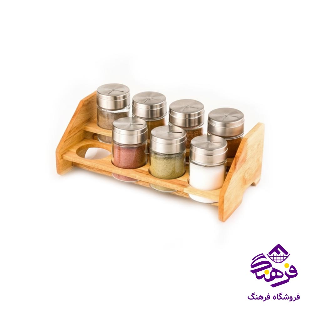ست ادويه پاش استيل و چوب لیمون (8 عددی)