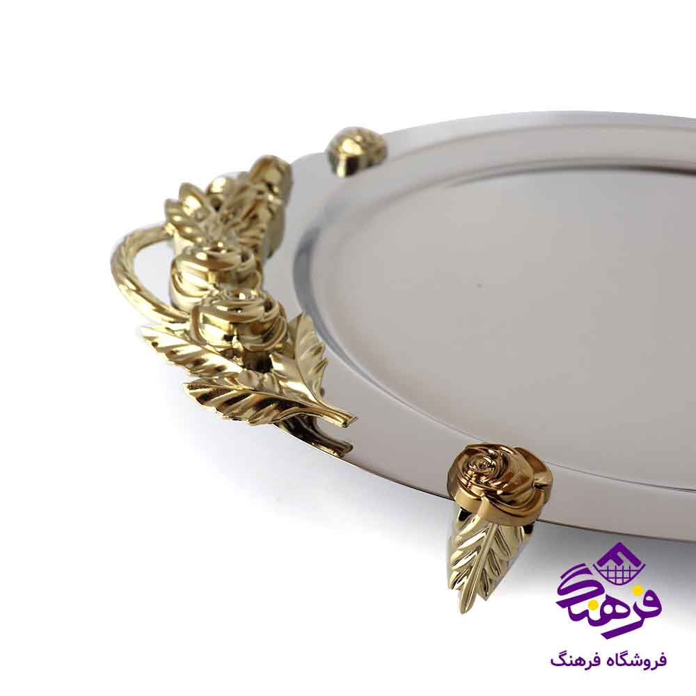 سینی بیضی کف ایینه پایه دار دسته رز طلایی KST 318