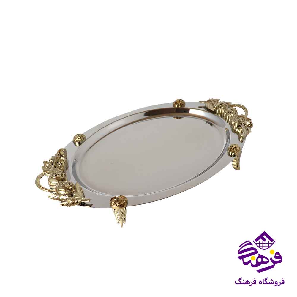 سینی بیضی کف ایینه پایه دار دسته رز طلایی KST 318