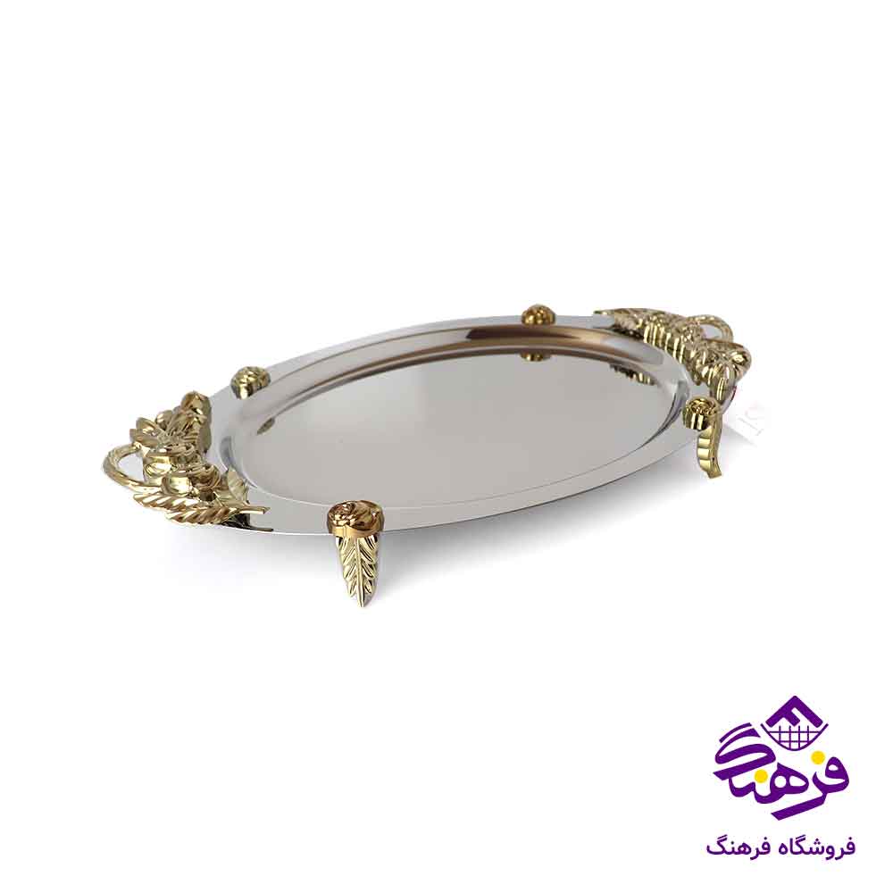 سینی بیضی کف ایینه پایه دار دسته رز طلایی KST 318