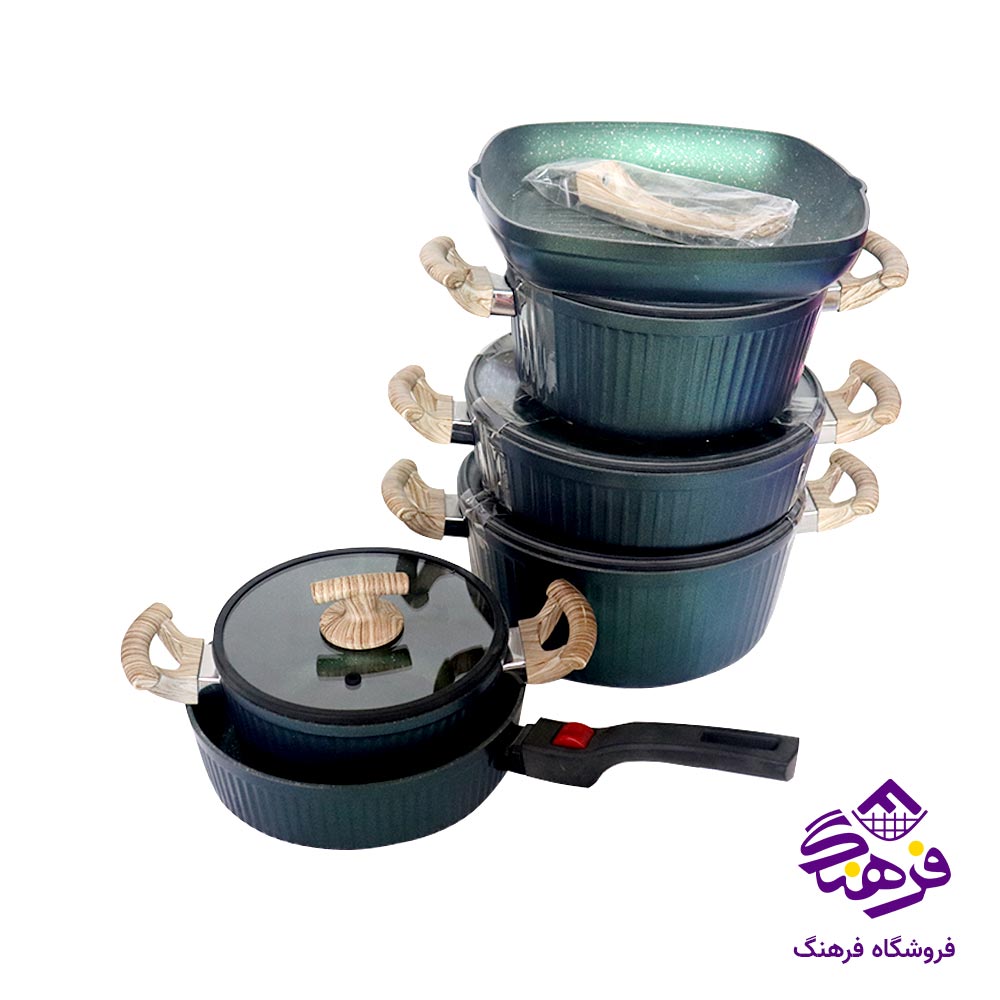 سرویس قابلمه 10 پارچه درب سیلیکونی پویان مهر مدل السا اویز پلاس سبز