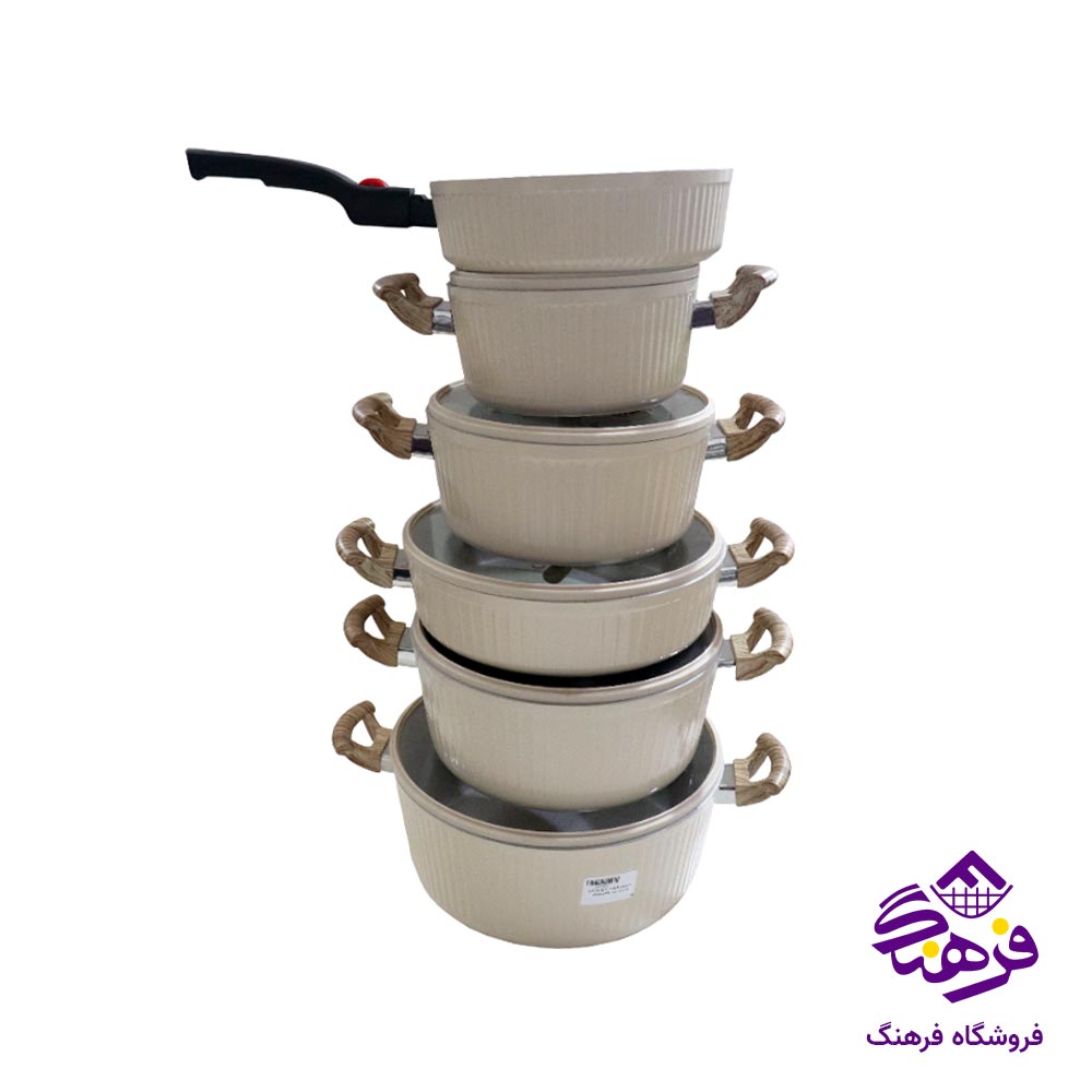 سرویس قابلمه 11 پارچه پویان مهر مدل هرمس اویز پلاس کرم