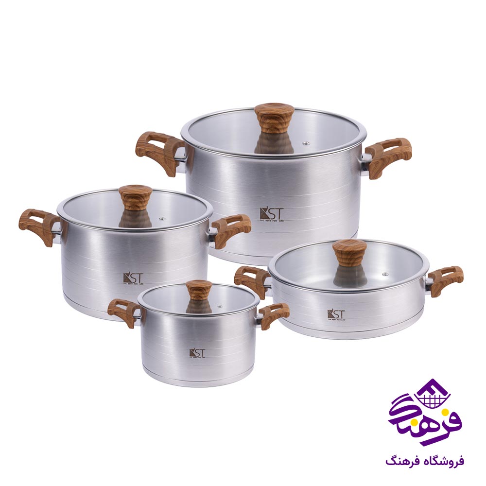 سرویس قابلمه استیل 8 پارچه دسته چوبی KST 7310 D