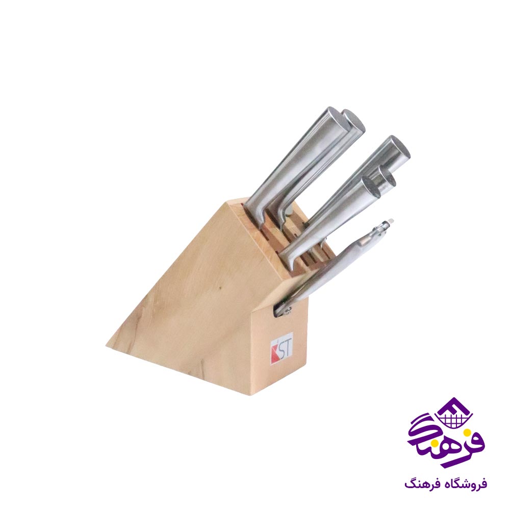 سرویس کارد و ساطور 8 پارچه پایه چوبی دسته صاف KST 5710
