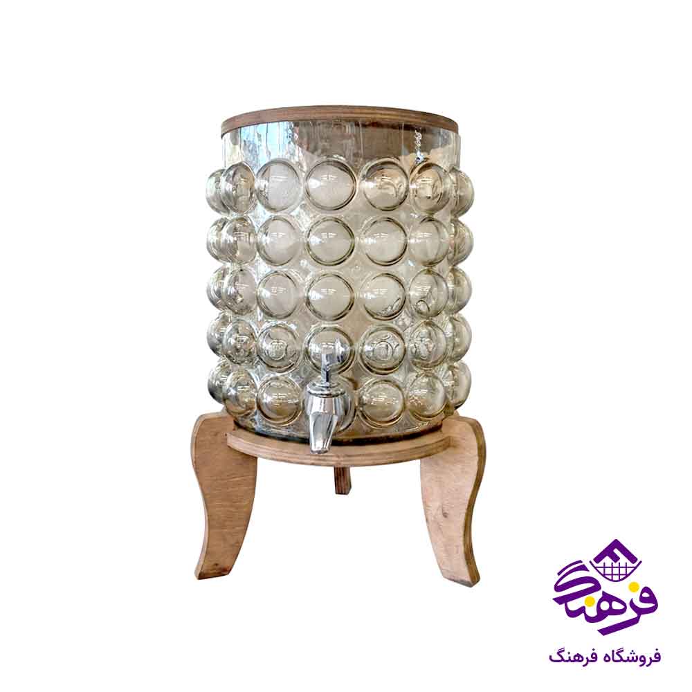 کلمن شیشه ای جام سازان مدل برفی عسلی پایه چوبی