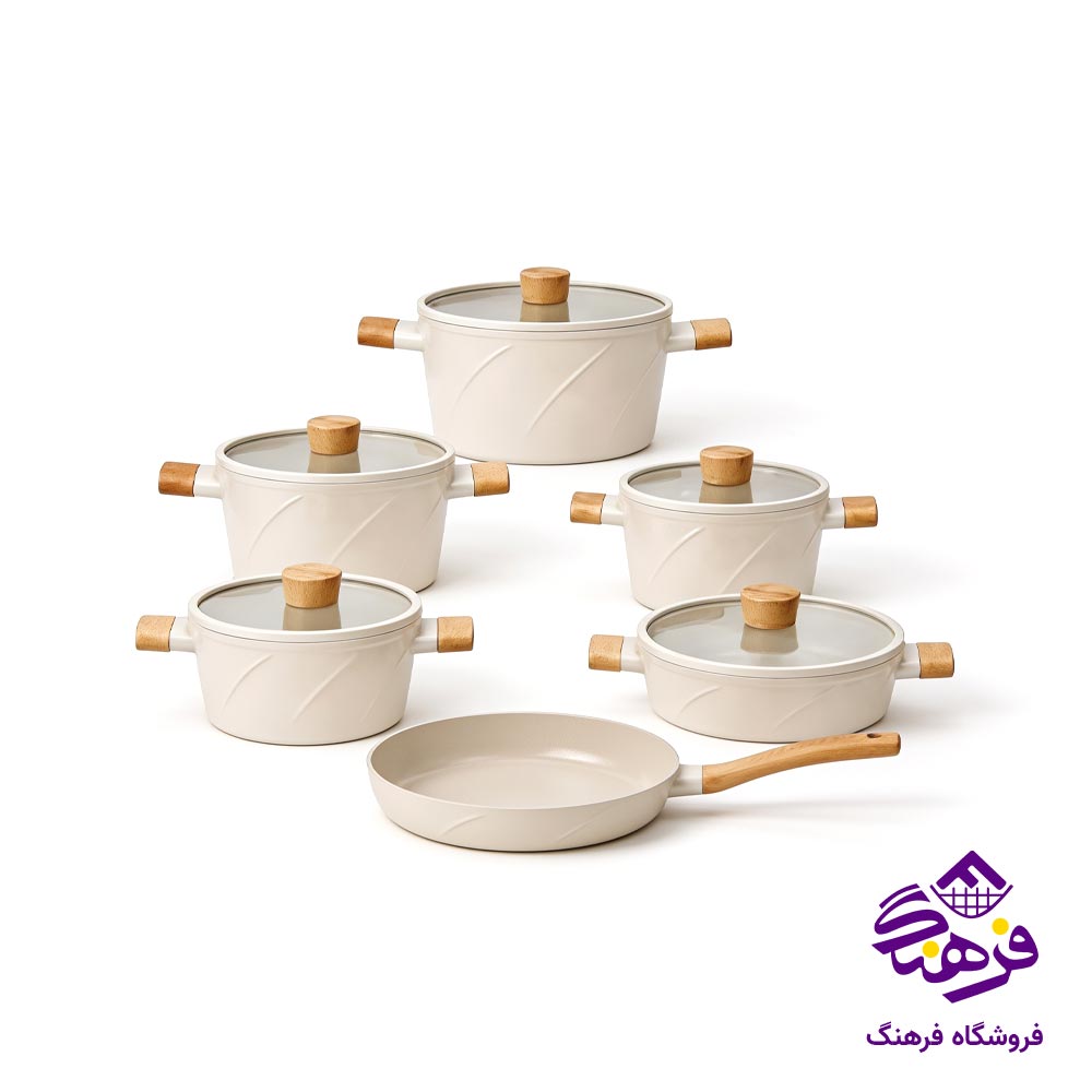 سرویس قابلمه 11 پارچه پویان مهر مدل دیاموند اویز (کرم)
