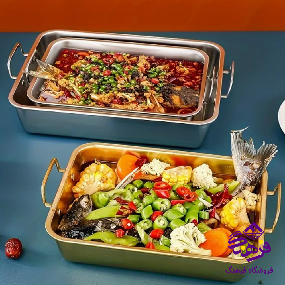 ظرف سرو دسته دار مستطيل طلايي 84