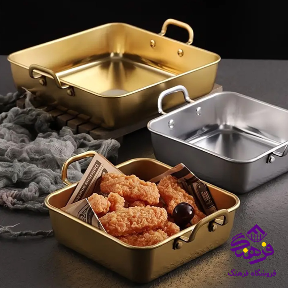 ظرف سرو دسته دار مربع طلايي 78