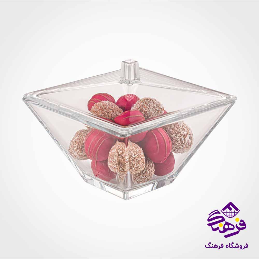 شکلات خوری شیشه ای لیمون مدل مربع درب دار