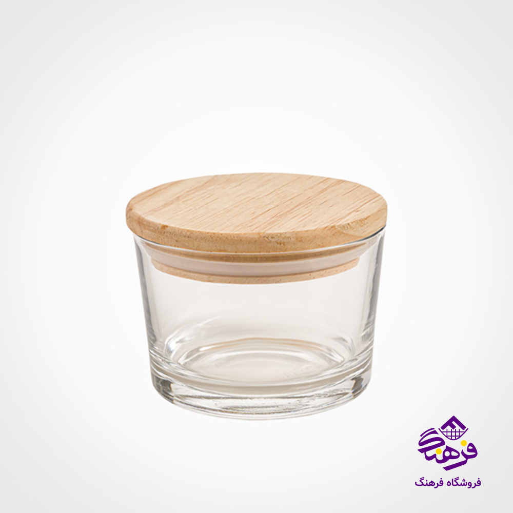 ظرف شیشه ای لیمون 190 گرد درب چوبی