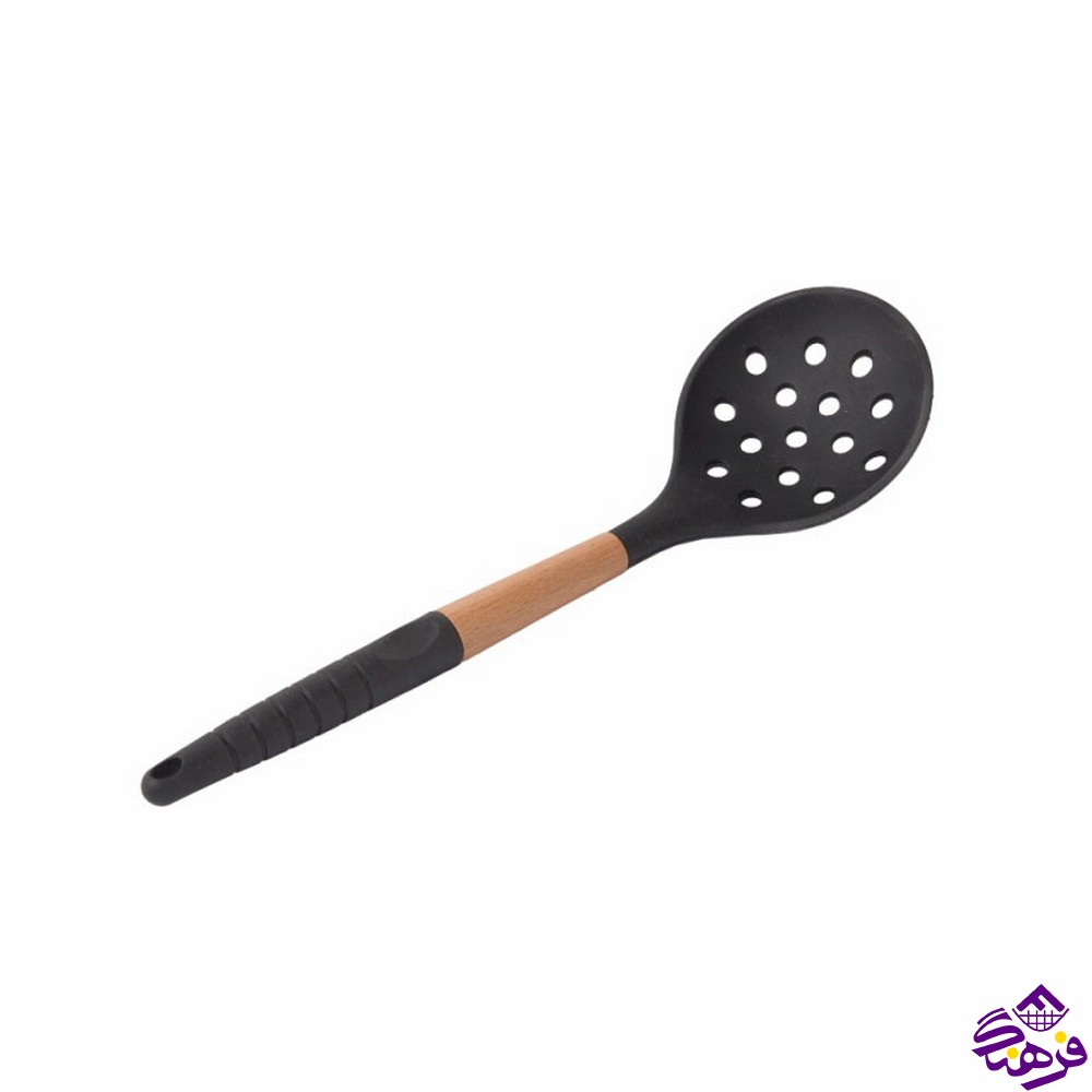 کفگیر سوراخ دار شنگیا سیلیکونی دسته چوبی