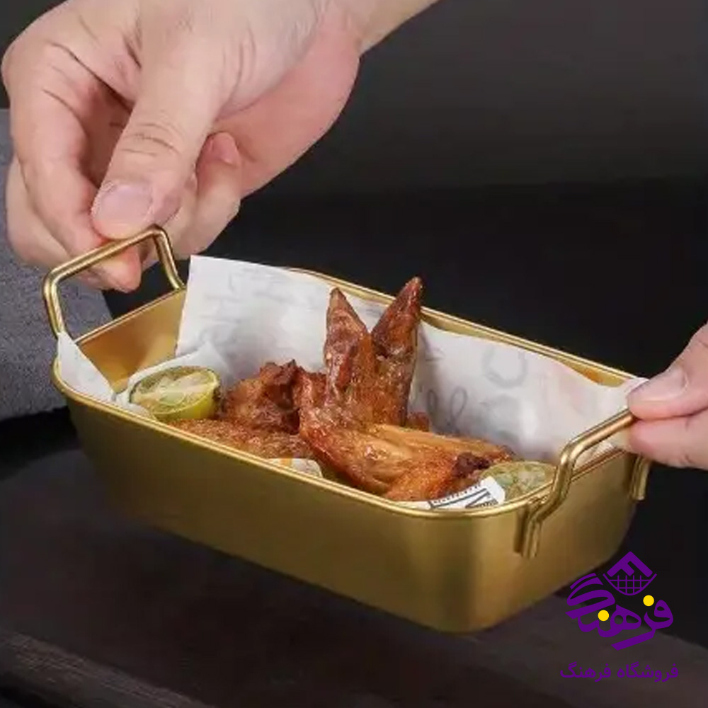 ظرف سرو دسته دار مستطيل طلايي 73