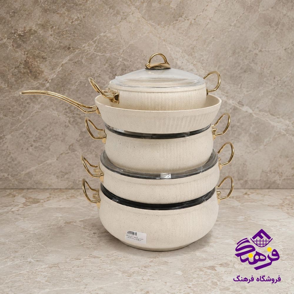 سرویس قابلمه 10 پارچه پویان مهر مدل خمره ای سلنا (کرم)