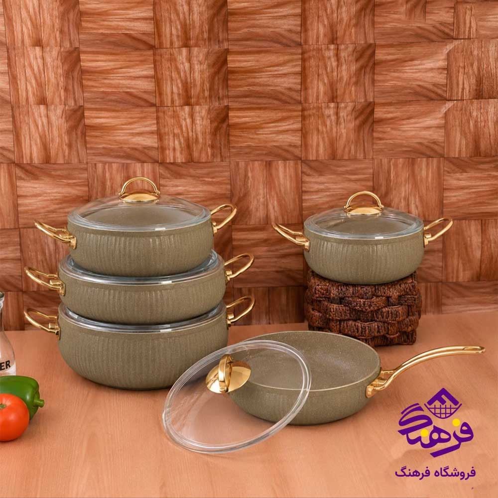 سرویس قابلمه 10 پارچه پویان مهر اویز مدل سلنا خمره ای حنایی