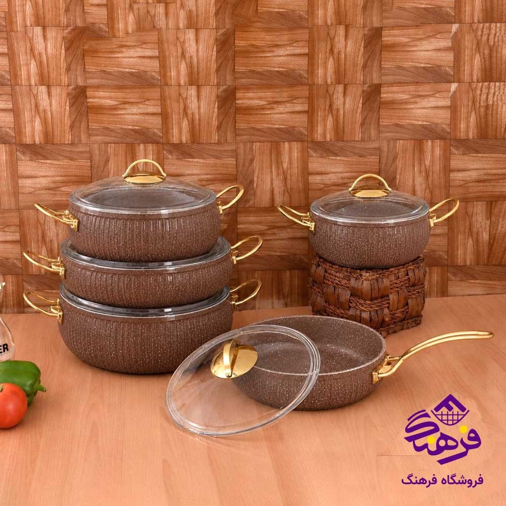 سرویس قابلمه 10 پارچه پویان مهر اویز مدل سلنا خمره ای قهوه ای