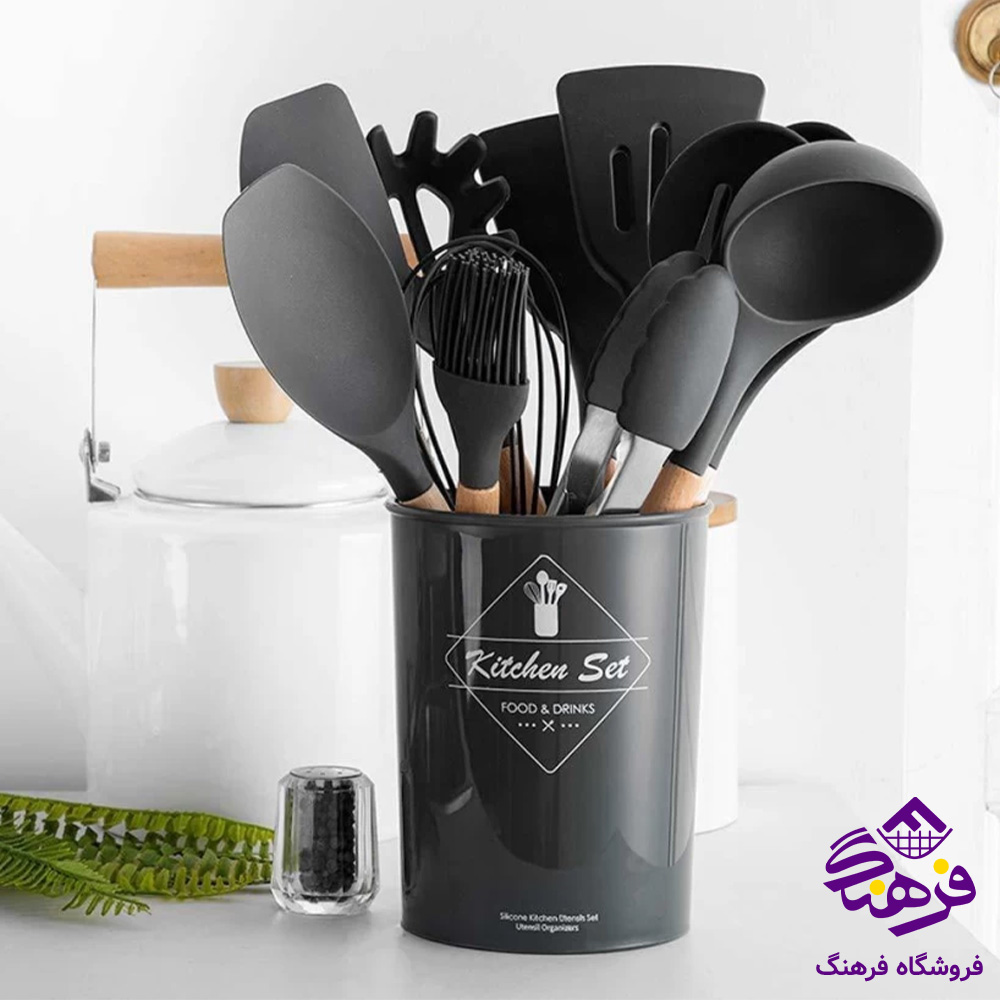 ست کفگیر ملاقه سیلیکونی دسته چوبی