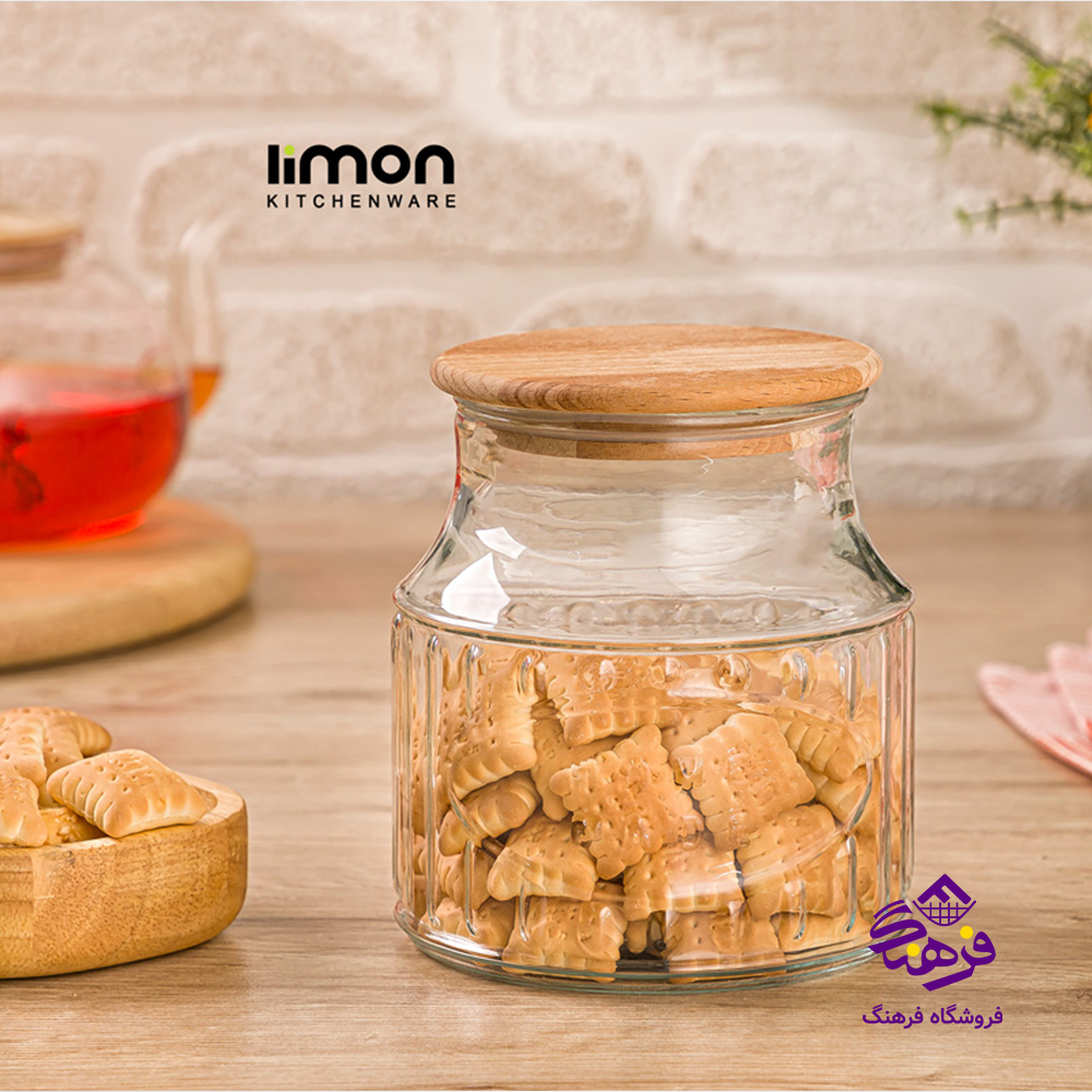 بانکه شیشه ای درب چوبی  800 ml لیمون