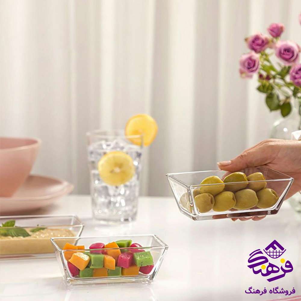 ظرف سرو مستطیل شیشه ای 6 عددی لیمون