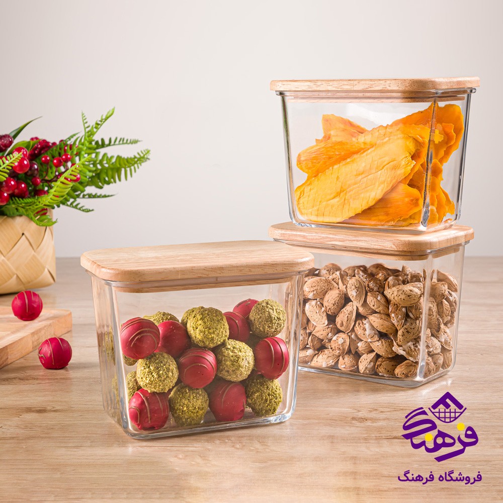 ظرف شیشه ای لیمون 920مستطیل درب چوبی