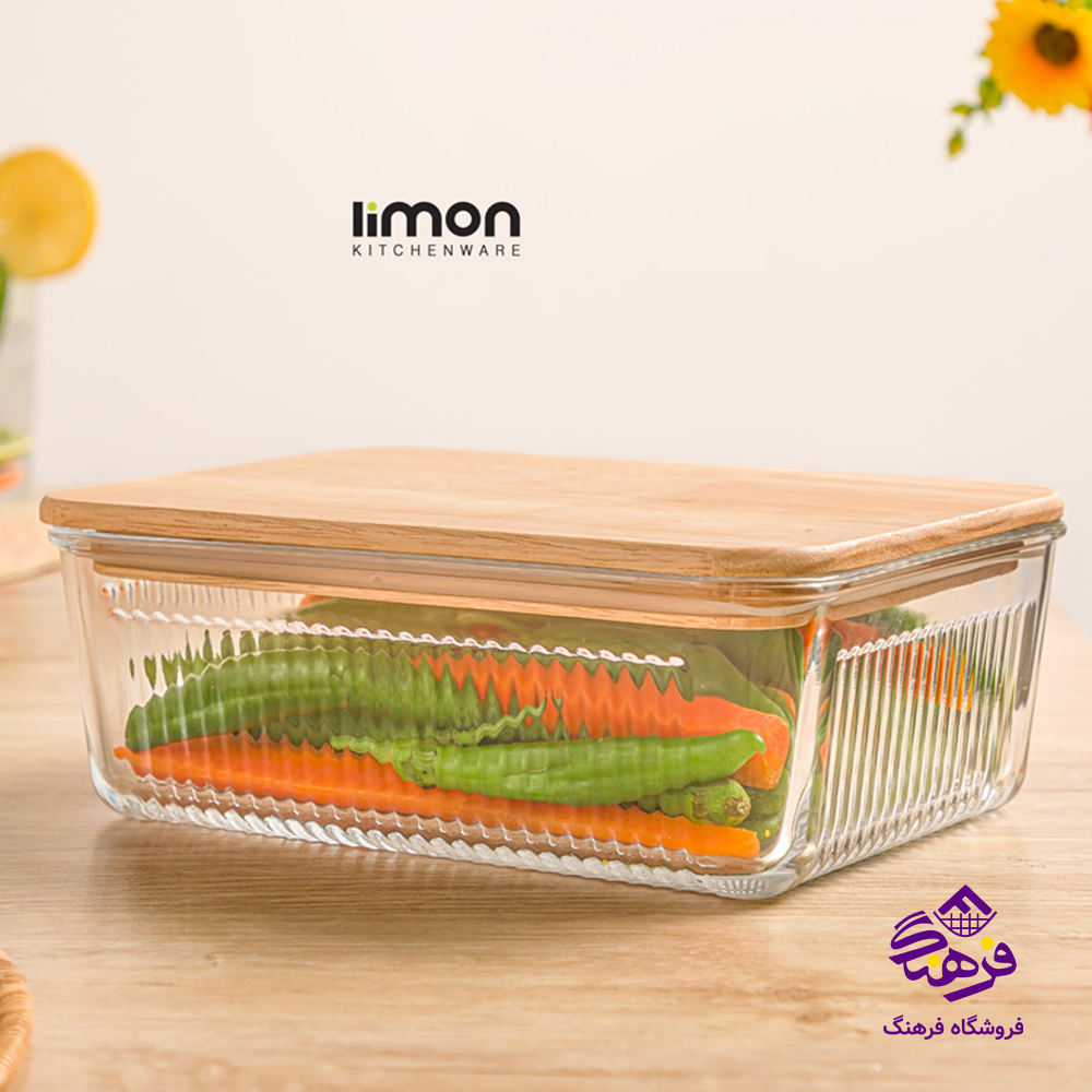 ظرف شیشه ای لیمون شیاردار 1/1 درب چوبی