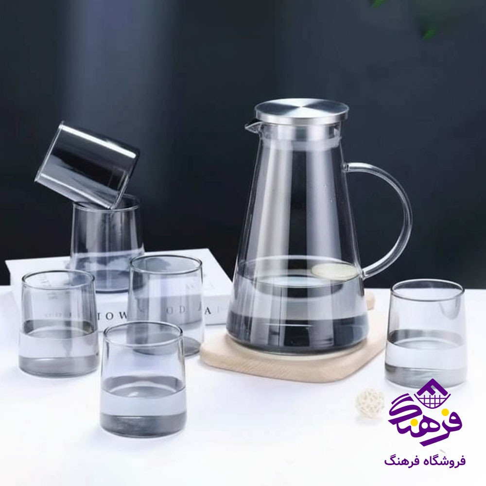 پارچ و لیوان پیرکس کف پهن دودی دلی