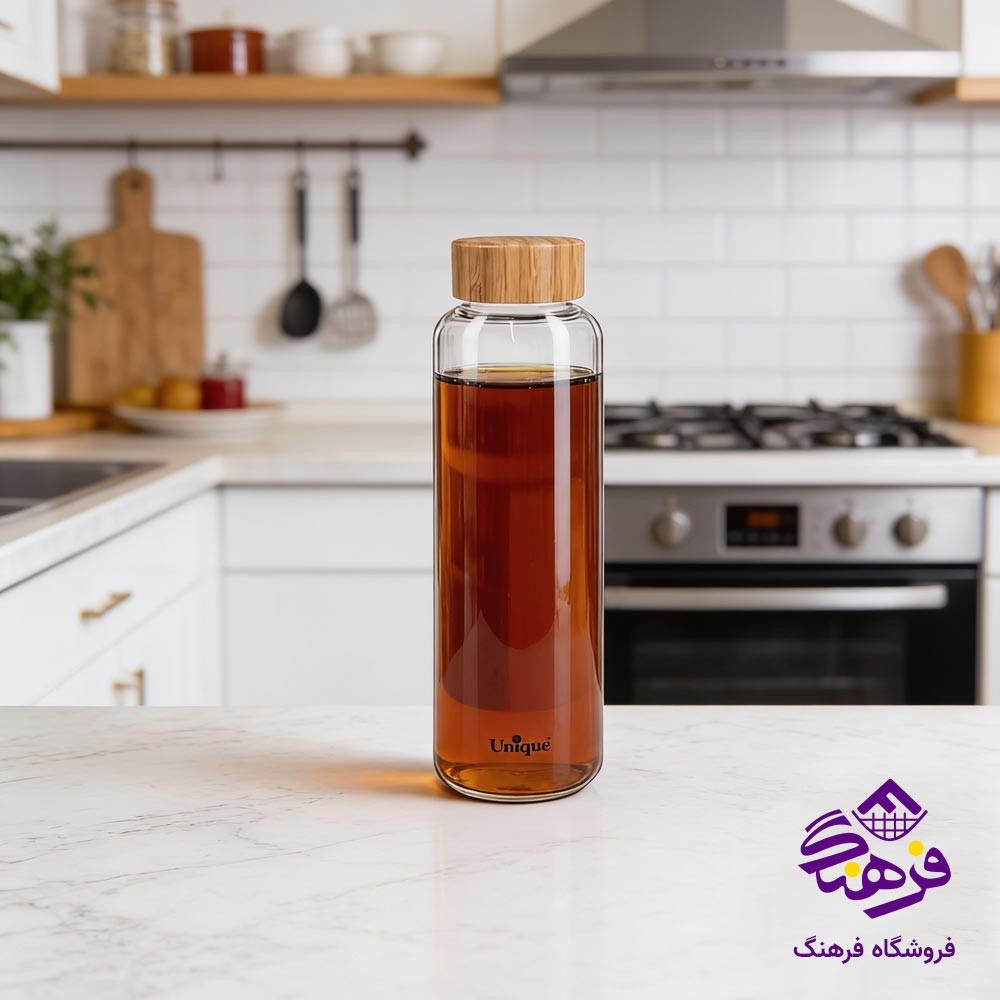 بطری آب یونیک شیشه‌ای درب بامبو کد 3060