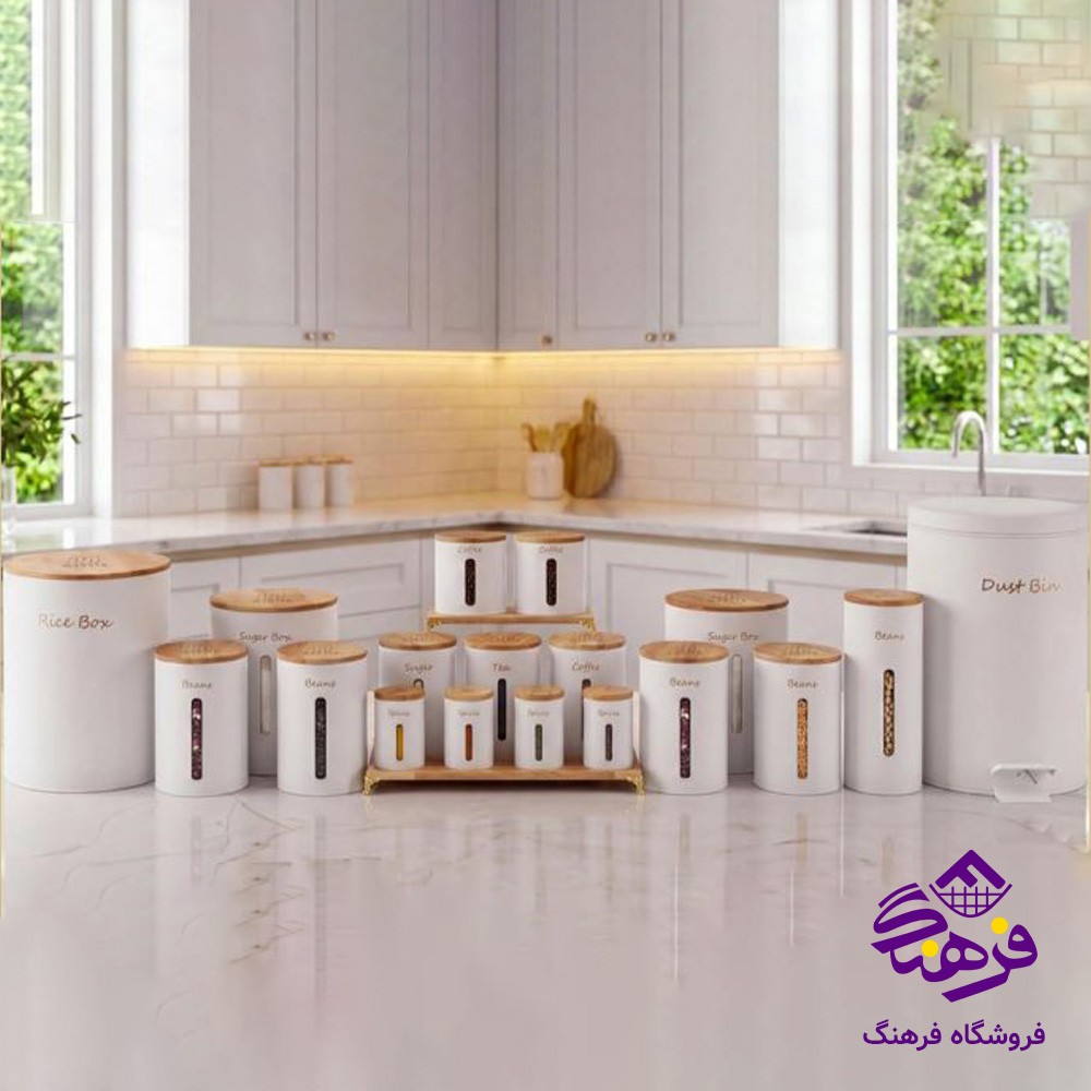 سرویس اشپزخانه 20 پارچه منتیا مدل درب چوبی سفید