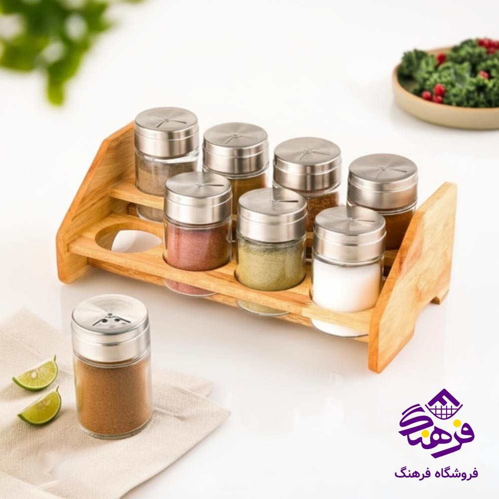 ست ادويه پاش استيل و چوب لیمون (8 عددی)