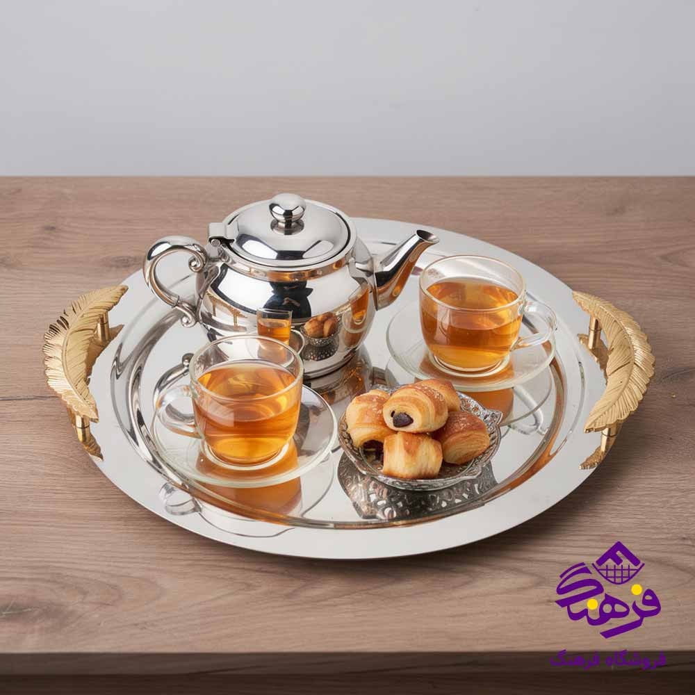 سينی گرد کف ايينه دست پر جفتی طلايی KST 546