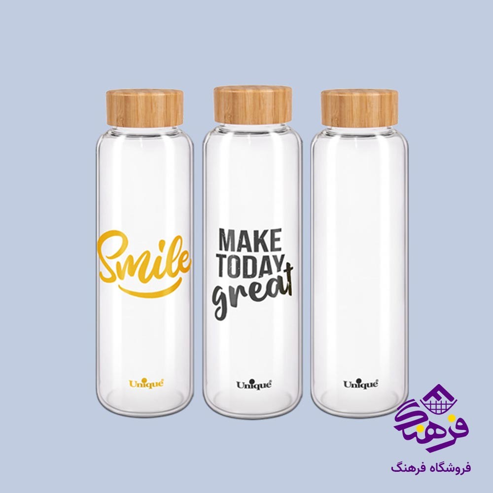 بطری آب یونیک شیشه‌ای درب بامبو کد 3060