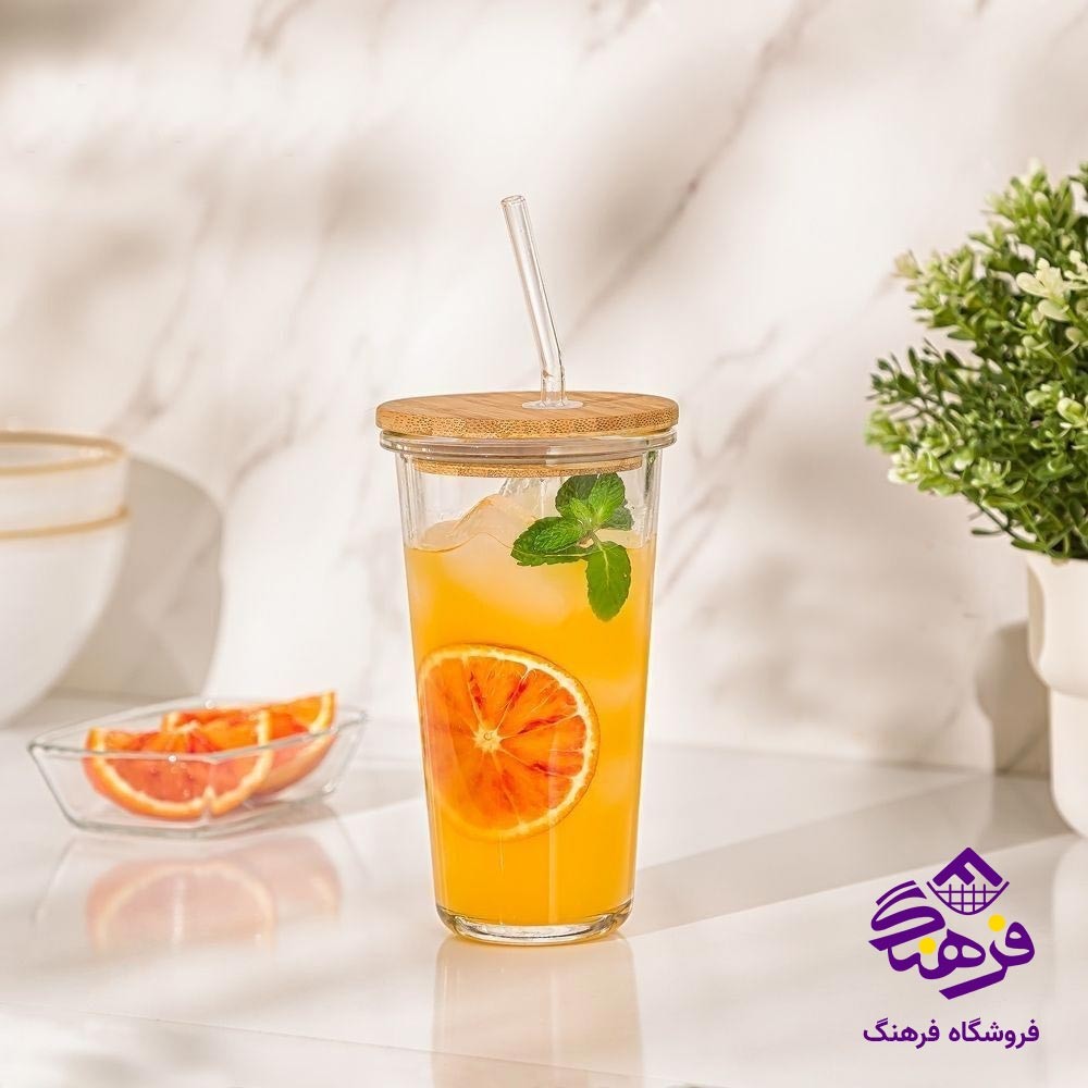 لیوان شیکر شیشه ای لیمون درب چوبی 251559