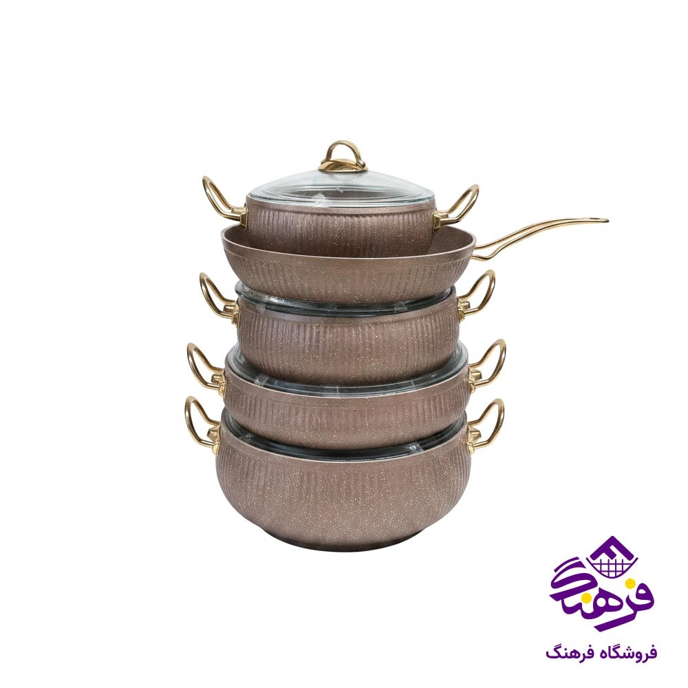 سرویس قابلمه 10 پارچه پویان مهر مدل خمره ای سلنا قهوه ای