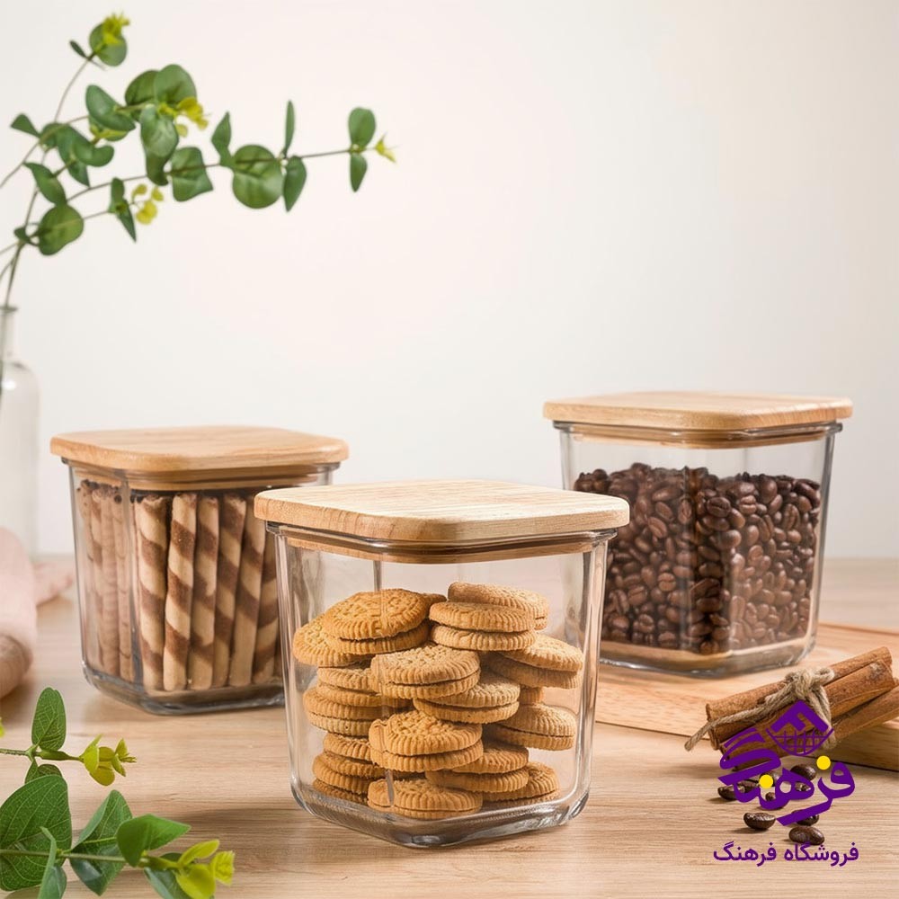 ظرف شیشه ای لیمون مدل درب چوبی (860 میلی لیتر) 