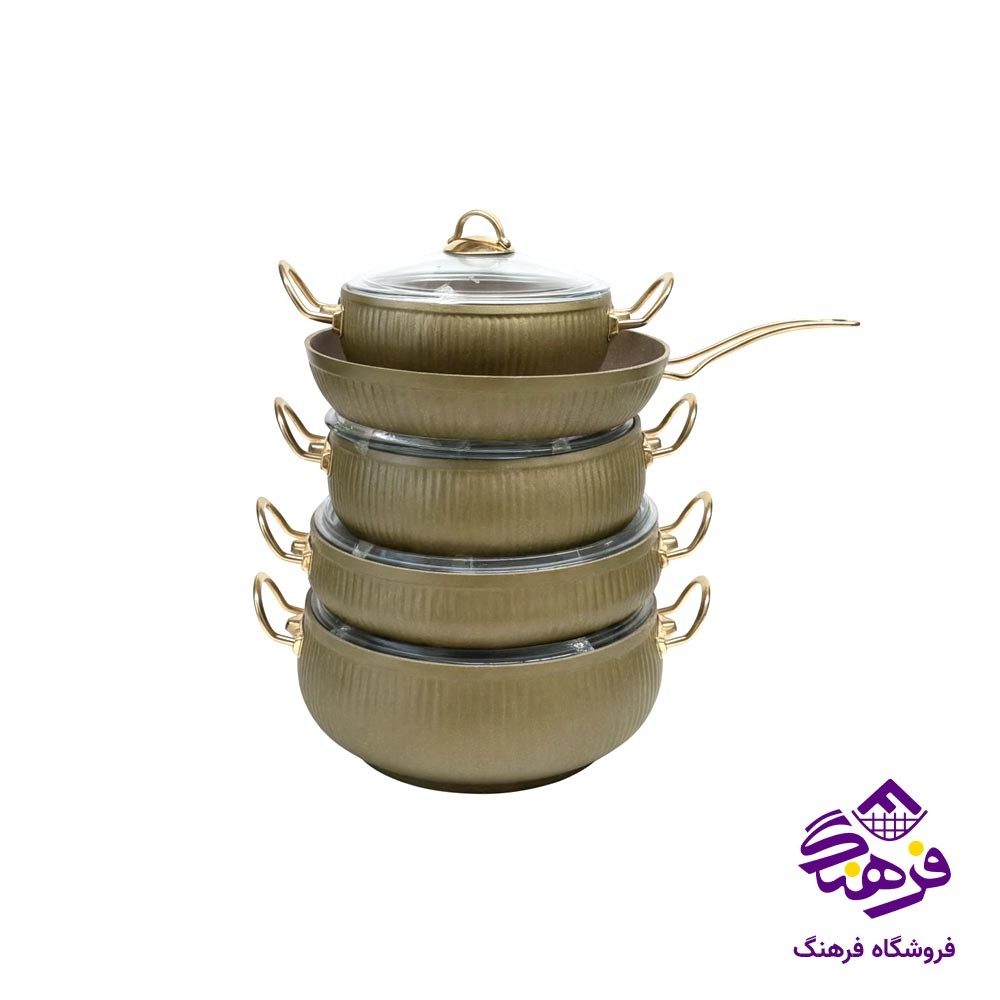 سرویس قابلمه 10 پارچه پویان مهر مدل خمره ای سلنا حنایی