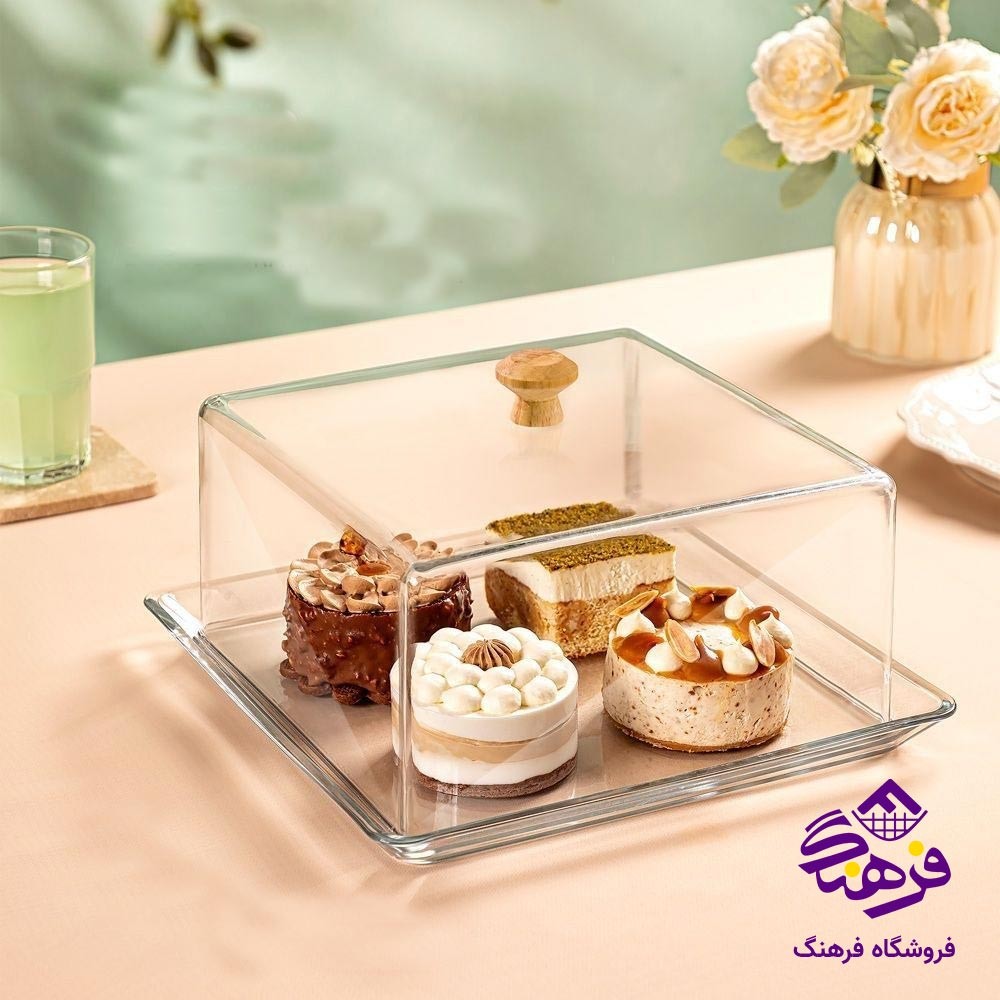 ظرف سرو کیک مربع کف شیشه لیمون