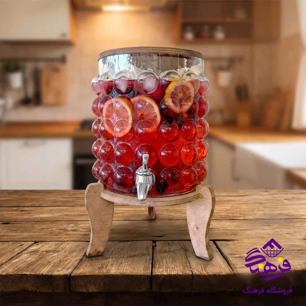 کلمن شیشه ای جام سازان مدل برفی عسلی پایه چوبی