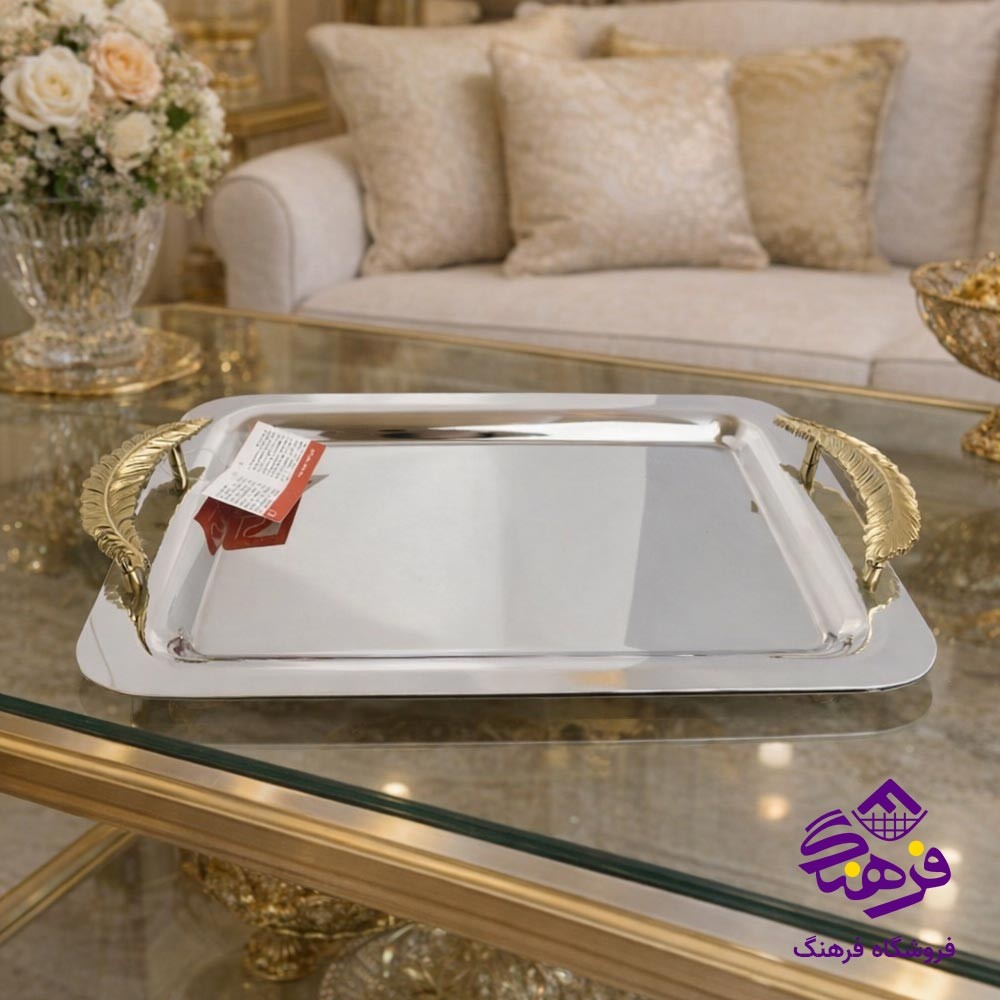 سینی مستطیل کف ایینه دسته پر طلایی KST 8460 (2 عددی)
